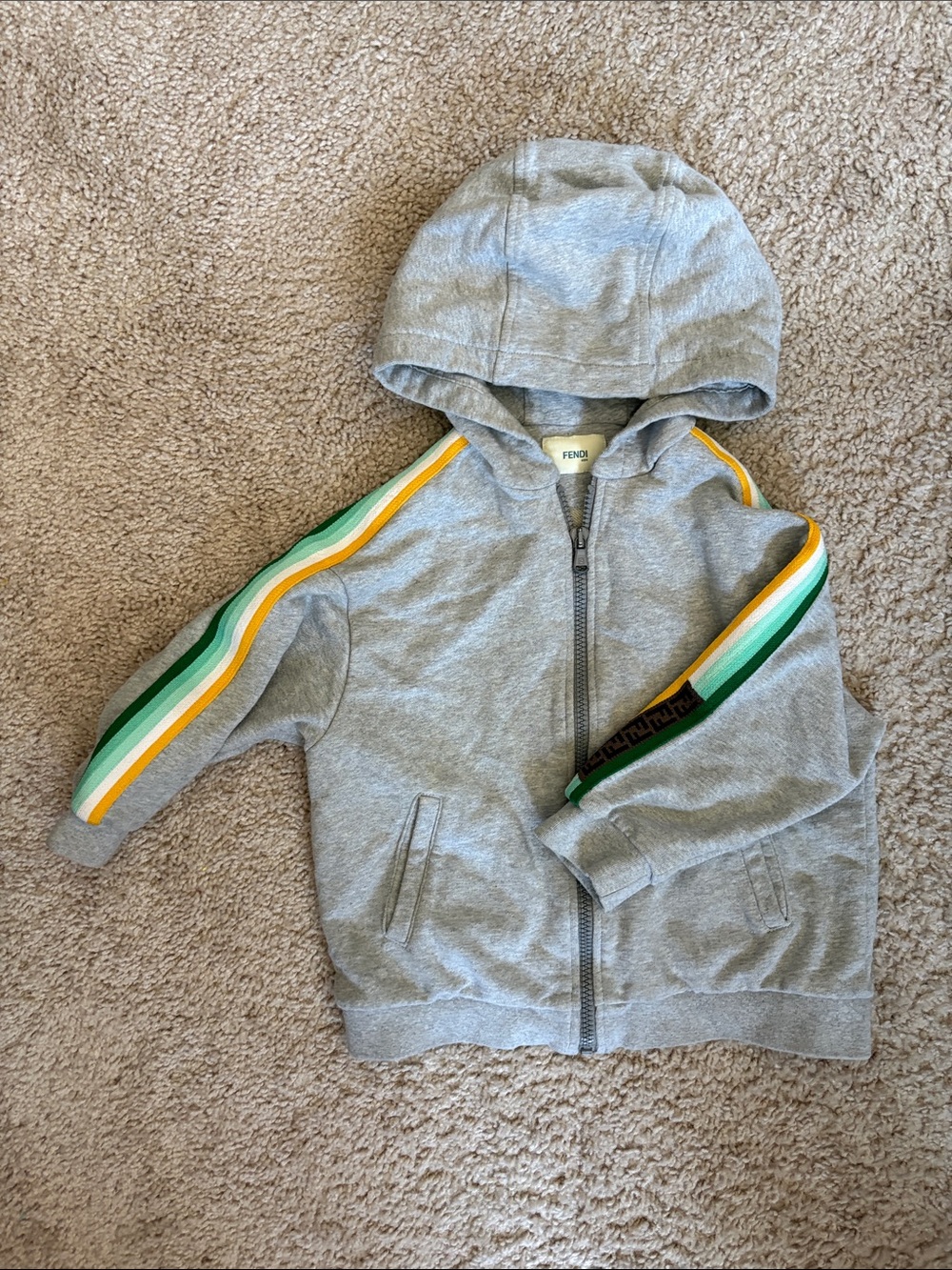 Fendi Kids Light Gray Hooded Zip Sweatshirt with Green & Yellow Stripes